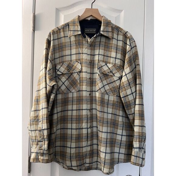 Vintage David Taylor Tan Brown Blue Plaid Flannel Long Sleeve Shirt Men's Size L - Picture 1 of 9
